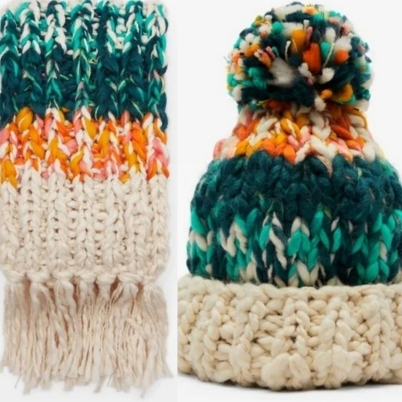 New Zara Colorblock Oversized Chunky Textured Fringe Scarf & Pom Pom Beanie Set - Picture 6 of 17